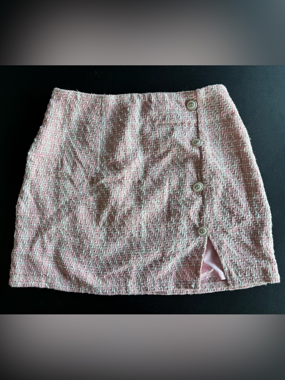 Pink Tweed Button-Front Mini Skirt